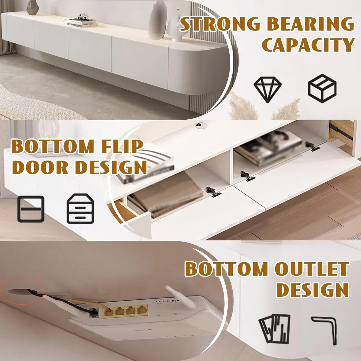 Unidad De Entretenimiento Que Ahorra Espacio, Mueble De TV Blanco Moderno Con Almacenamiento, Mueble De TV Flotante Negro, Consola Multimedia Grande, Para Sala De Estar, Dormitorio U Oficina(Blanco,14