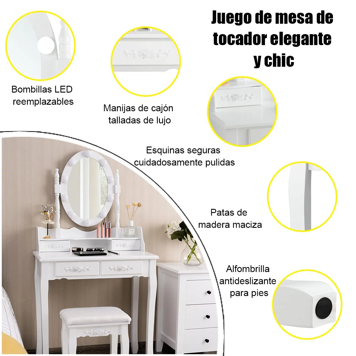 COSTWAY Set Mesa Tocador con 10 Luces LED, Mesa de Maquillaje con Espejo Ovalado Iluminado e Interruptor Táctil, Iluminosidad Regulable, Tocador con 4 Cajones y Taburete Acolchado (Blanco)