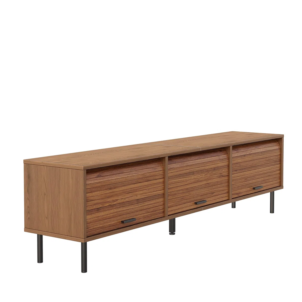 Mueble de TV, 3 puertas correderas, relieve vertical, tiradores negros, pies de metal negro, sala de estar, nogal