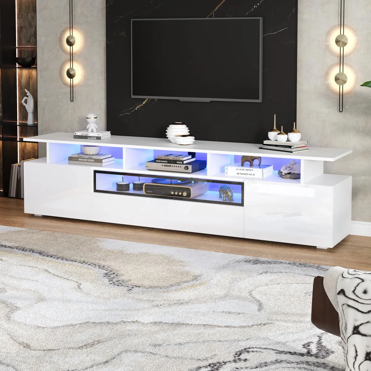 Mueble para TV de 180 cm en color blanco brillante con LED, 2 armarios, 1 cajón y 10 estantes, mesa de TV con control de aplicación, apto para televisores de hasta 75 pulgadas aprox