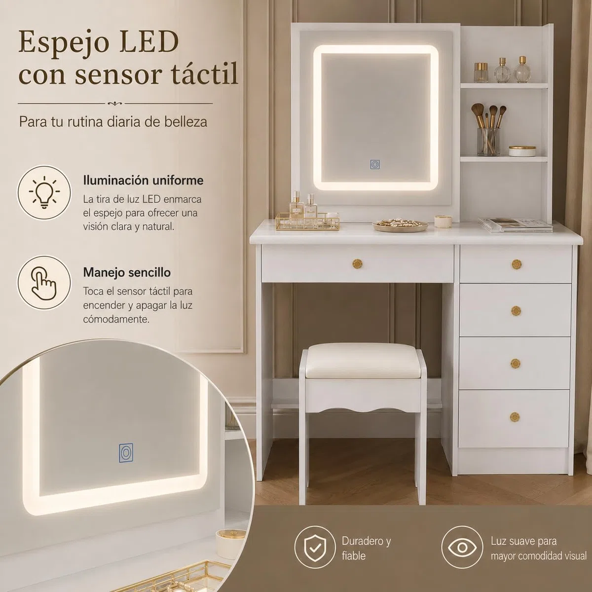 Premature Tocador con iluminación LED, espejo corredizo y taburete, 5 cajones, mesa de maquillaje con tapa de cristal y 4 estantes, blanco, 50 x 100 x 136 cm