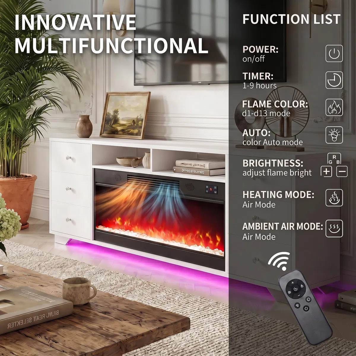 FENCHILIN Chimenea eléctrica con mueble de TV y 6 cajones RGB 180 x 65 x 40 cm