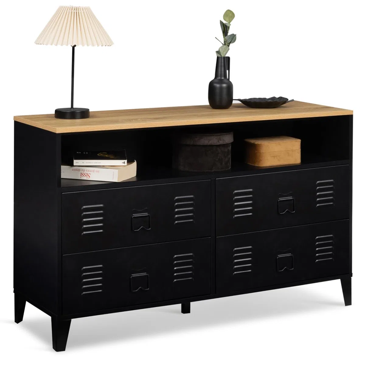 IDMarket – Cómoda 4 cajones Ester 115 cm metal negro y bandeja de madera de haya con nicho de diseño industrial