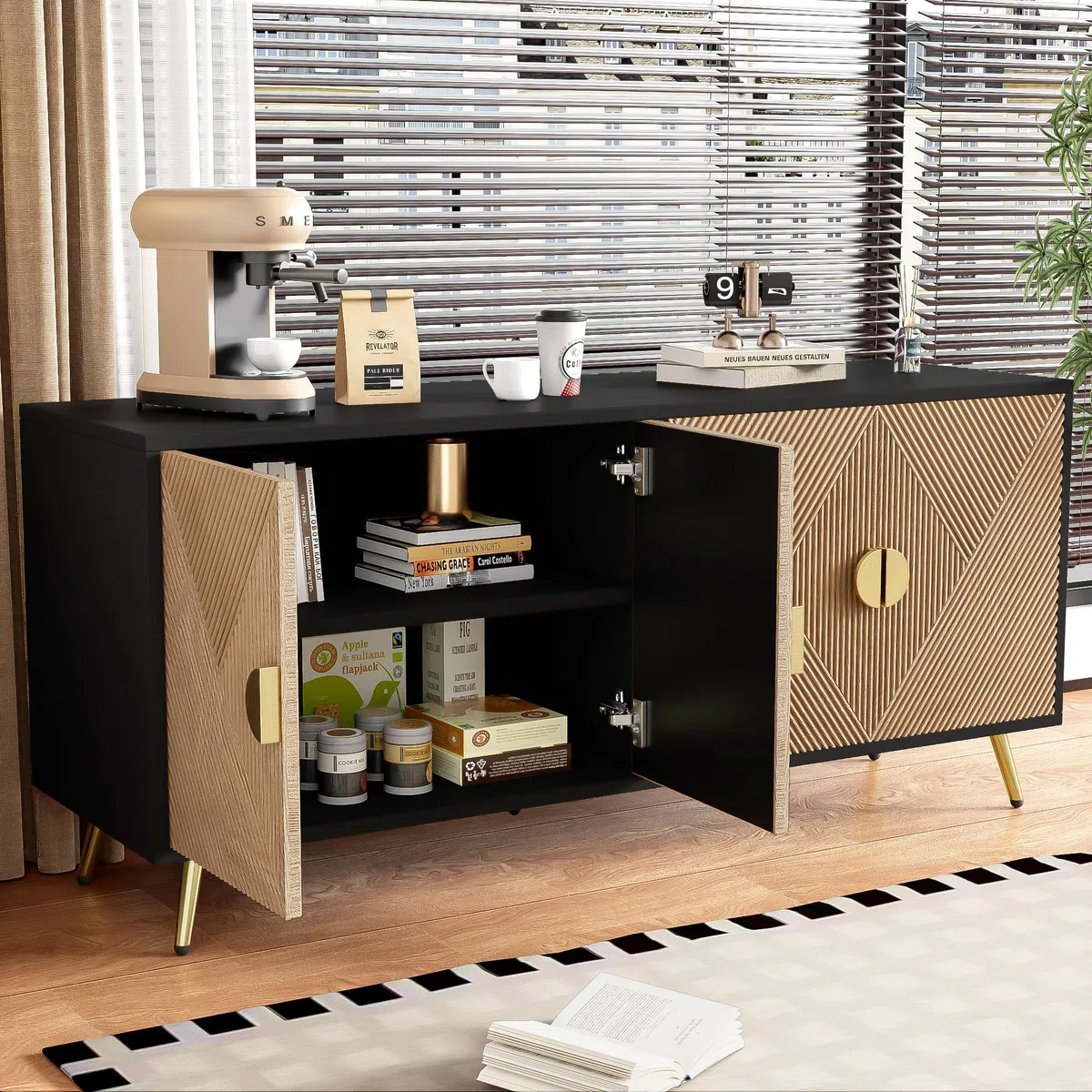 Cómoda aparador con mucho espacio de almacenamiento, armario con asas doradas y patas de mesa de alto brillo, para salón, 160 x 40 x 75 cm, color negro + grano de madera