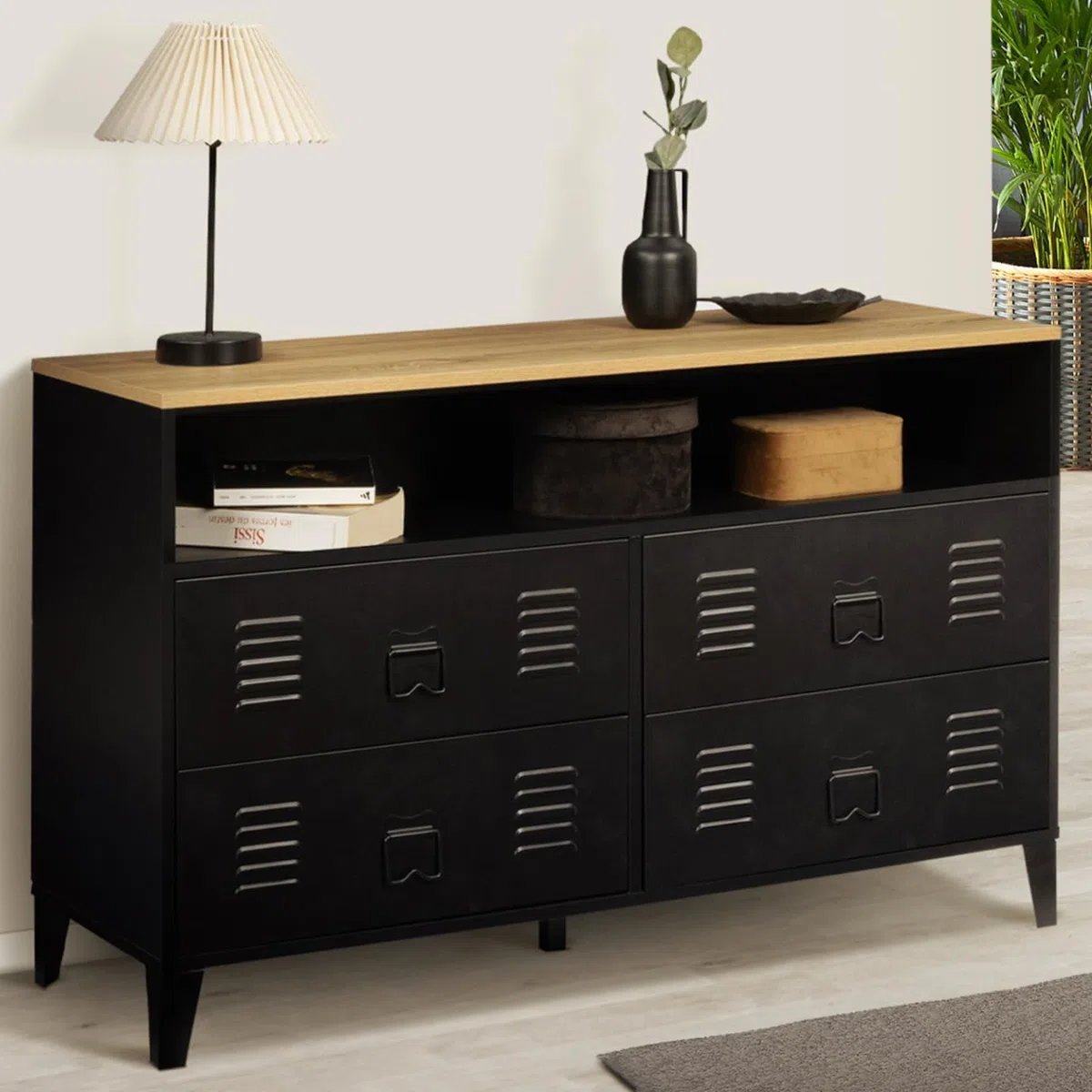 IDMarket – Cómoda 4 cajones Ester 115 cm metal negro y bandeja de madera de haya con nicho de diseño industrial