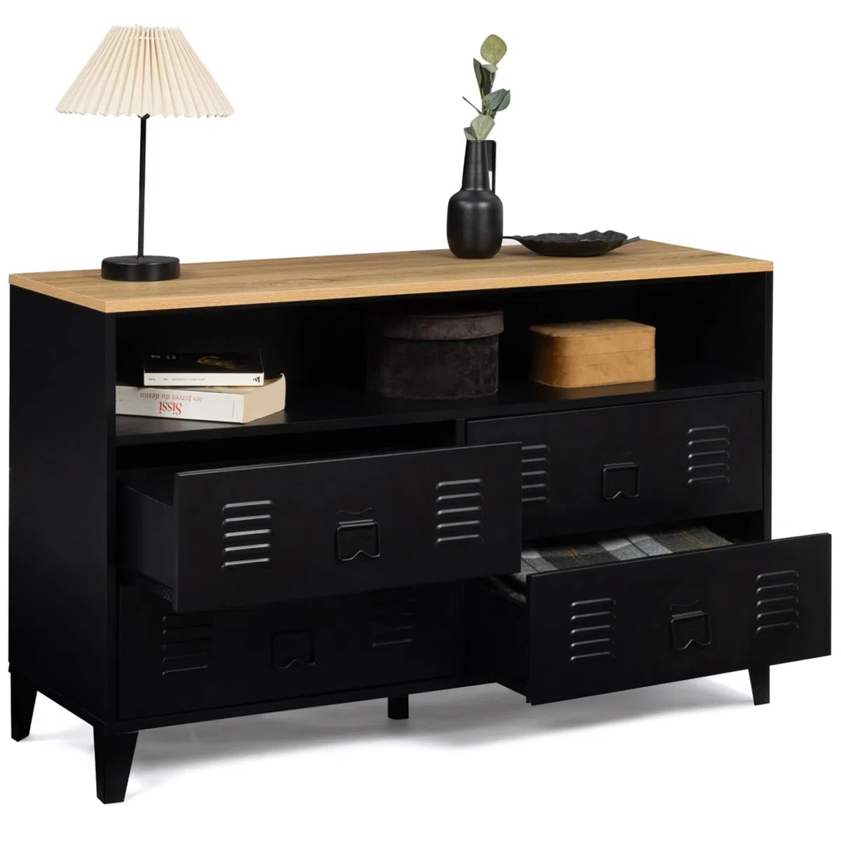IDMarket – Cómoda 4 cajones Ester 115 cm metal negro y bandeja de madera de haya con nicho de diseño industrial