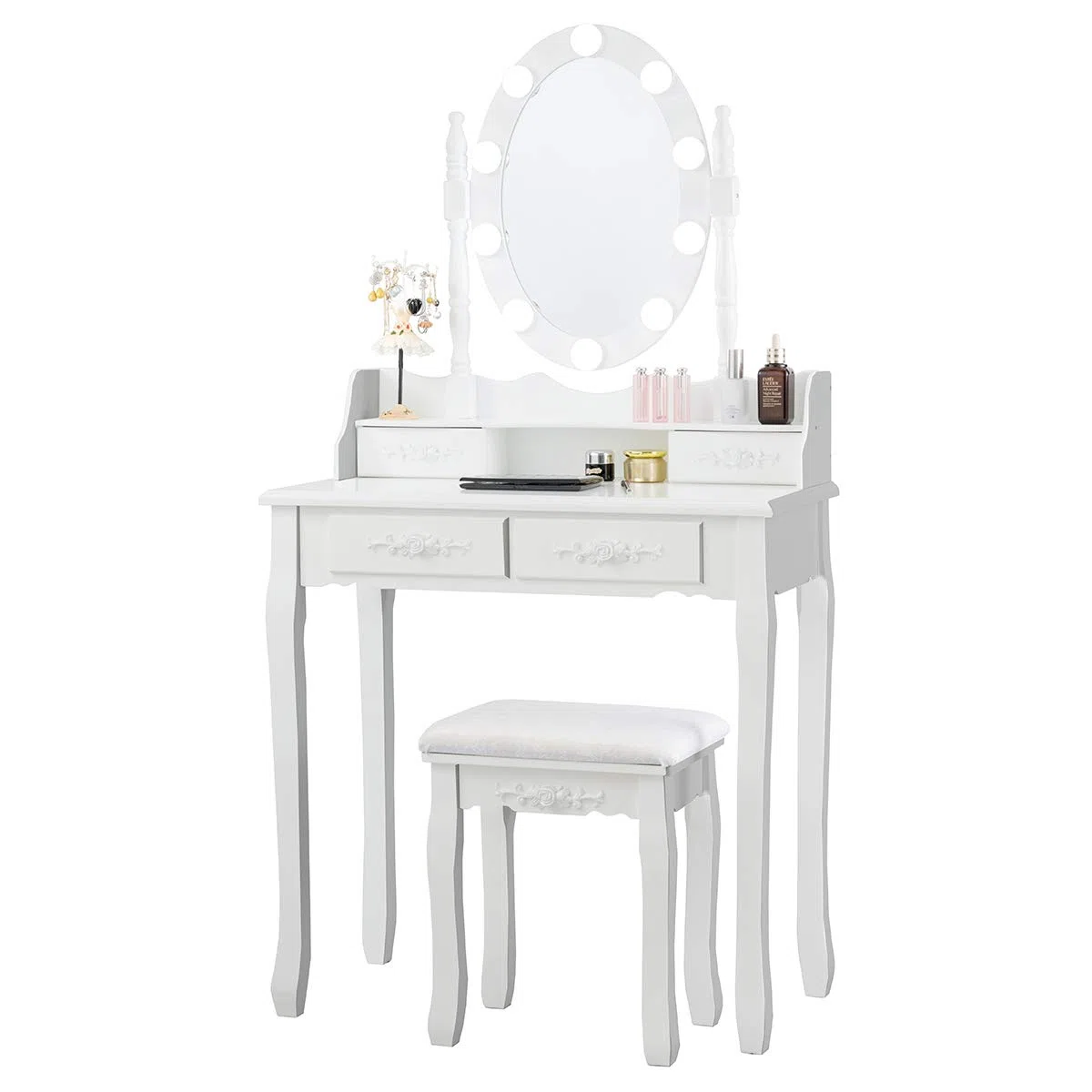 COSTWAY Set Mesa Tocador con 10 Luces LED, Mesa de Maquillaje con Espejo Ovalado Iluminado e Interruptor Táctil, Iluminosidad Regulable, Tocador con 4 Cajones y Taburete Acolchado (Blanco)