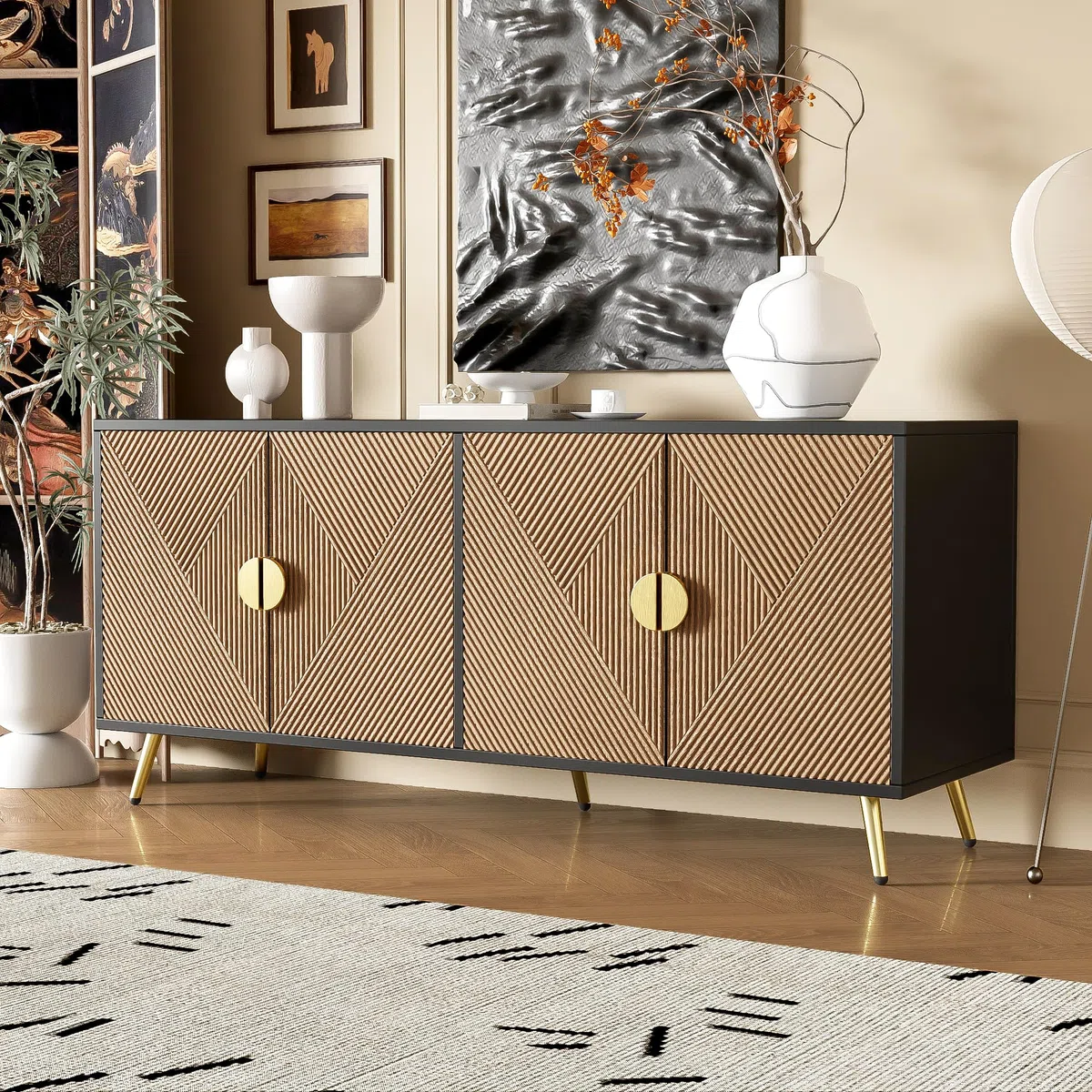 Cómoda aparador con mucho espacio de almacenamiento, armario con asas doradas y patas de mesa de alto brillo, para salón, 160 x 40 x 75 cm, color negro + grano de madera