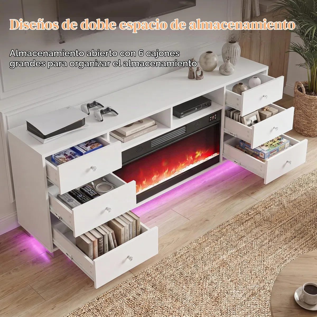 FENCHILIN Chimenea eléctrica con mueble de TV y 6 cajones RGB 180 x 65 x 40 cm