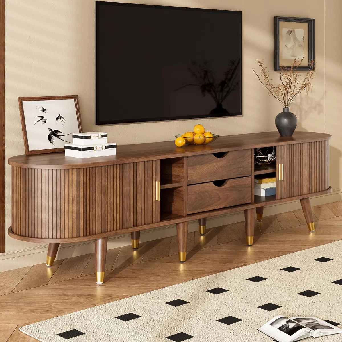 Mueble de TV de ratán de 175 cm de ancho, con puertas correderas, espacio de almacenamiento, compartimentos abiertos, cajones y asas doradas de nogal rústico