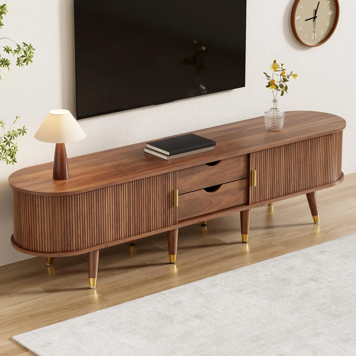 Mueble de TV de ratán de 175 cm de ancho, con puertas correderas, espacio de almacenamiento, compartimentos abiertos, cajones y asas doradas de nogal rústico