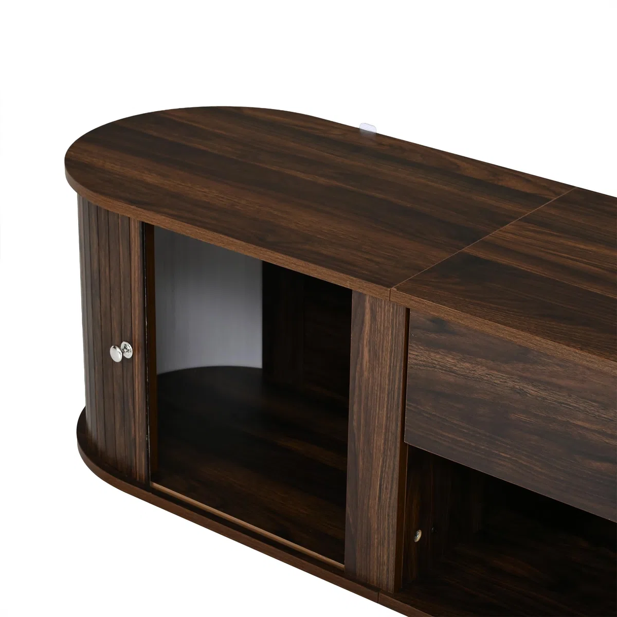 Mueble de TV con diseño redondo y 2 puertas enrollables, con 1 cajón, para televisores de hasta 75 pulgadas, adecuado para salón y comedor, 180 x 40 x 40 cm, color nogal, nogal