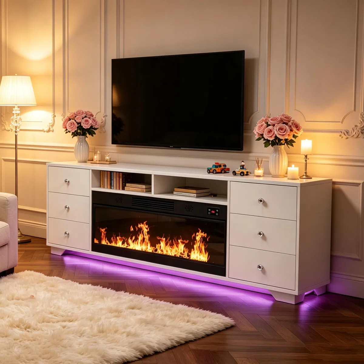 FENCHILIN Chimenea eléctrica con mueble de TV y 6 cajones RGB 180 x 65 x 40 cm