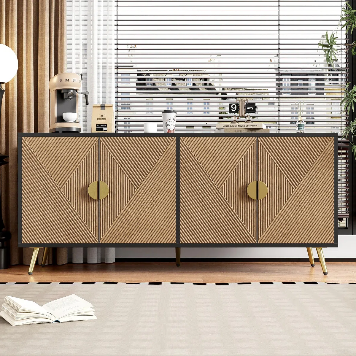 Cómoda aparador con mucho espacio de almacenamiento, armario con asas doradas y patas de mesa de alto brillo, para salón, 160 x 40 x 75 cm, color negro + grano de madera