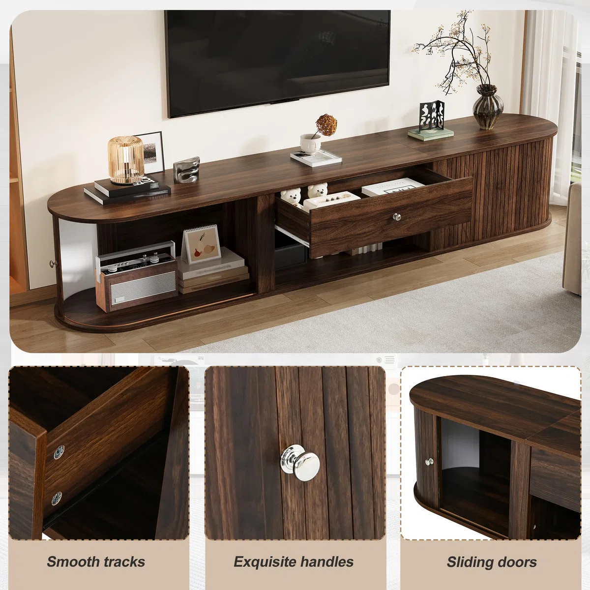 Mueble de TV con diseño redondo y 2 puertas enrollables, con 1 cajón, para televisores de hasta 75 pulgadas, adecuado para salón y comedor, 180 x 40 x 40 cm, color nogal, nogal