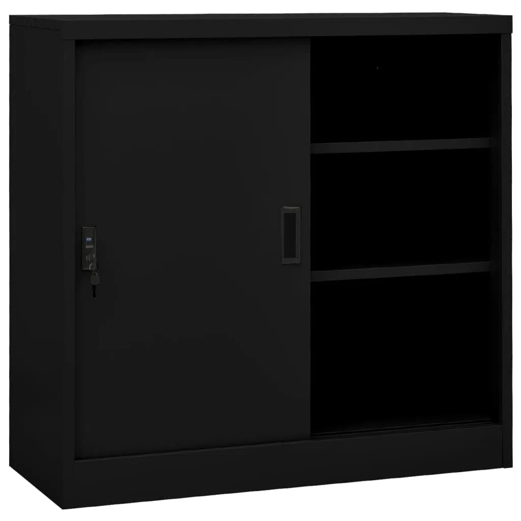 Armario de metal, armario para oficina, puerta corredera, puertas correderas, muebles de oficina, armarios con llave, armario multiusos de acero negro, 90 x 40 x 90 cm