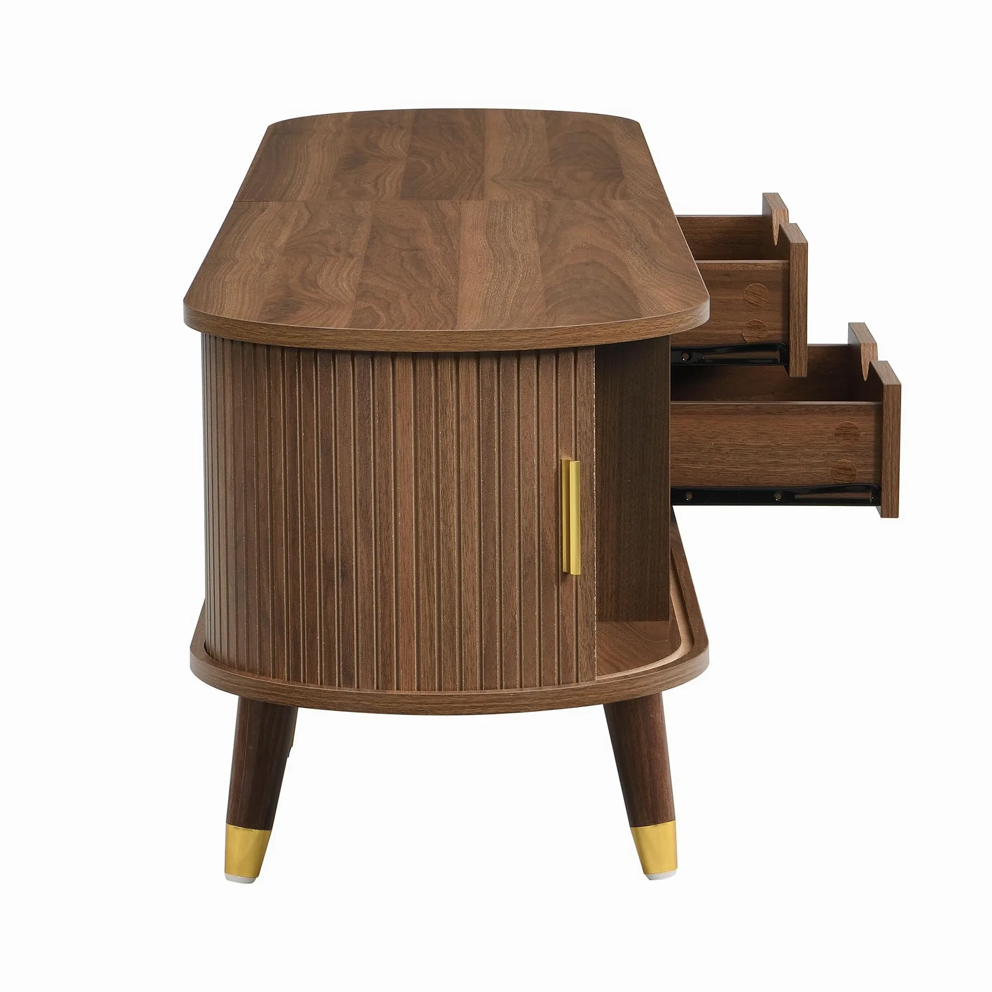 Mueble para TV de 175 cm con puerta corredera de ratán, aspecto de nogal y mucho espacio de almacenamiento, mesa de televisión rústica de MDF con compartimentos abiertos, cajones y armario