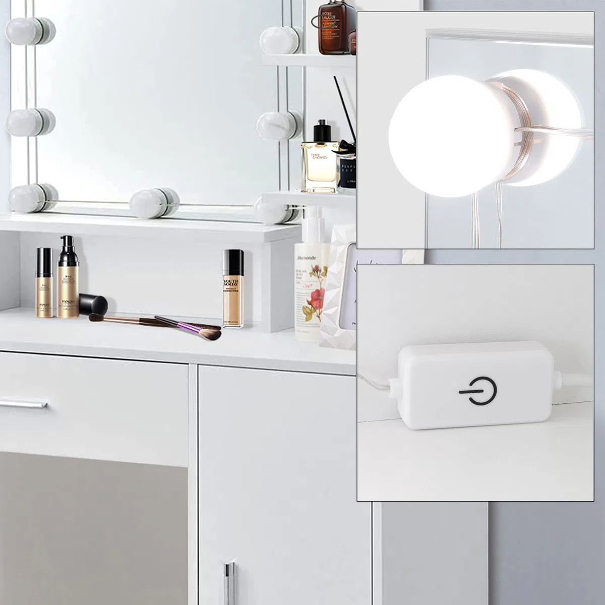 ML-Design Tocador Blanco Mesa de Maquillaje con Luz LED con Espejo Cajón y Compartimentos 137 x 90 x 38 cm de Madera MDF Gabinete Moderno Mueble para Retoques de Belleza Make-up con Iluminación