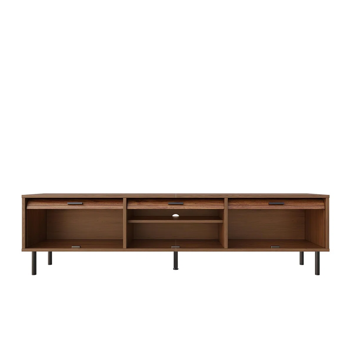 Mueble de TV, 3 puertas correderas, relieve vertical, tiradores negros, pies de metal negro, sala de estar, nogal
