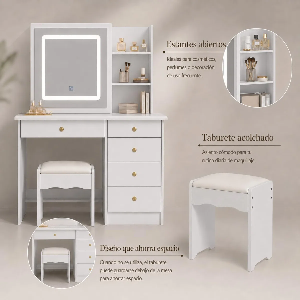 Premature Tocador con iluminación LED, espejo corredizo y taburete, 5 cajones, mesa de maquillaje con tapa de cristal y 4 estantes, blanco, 50 x 100 x 136 cm