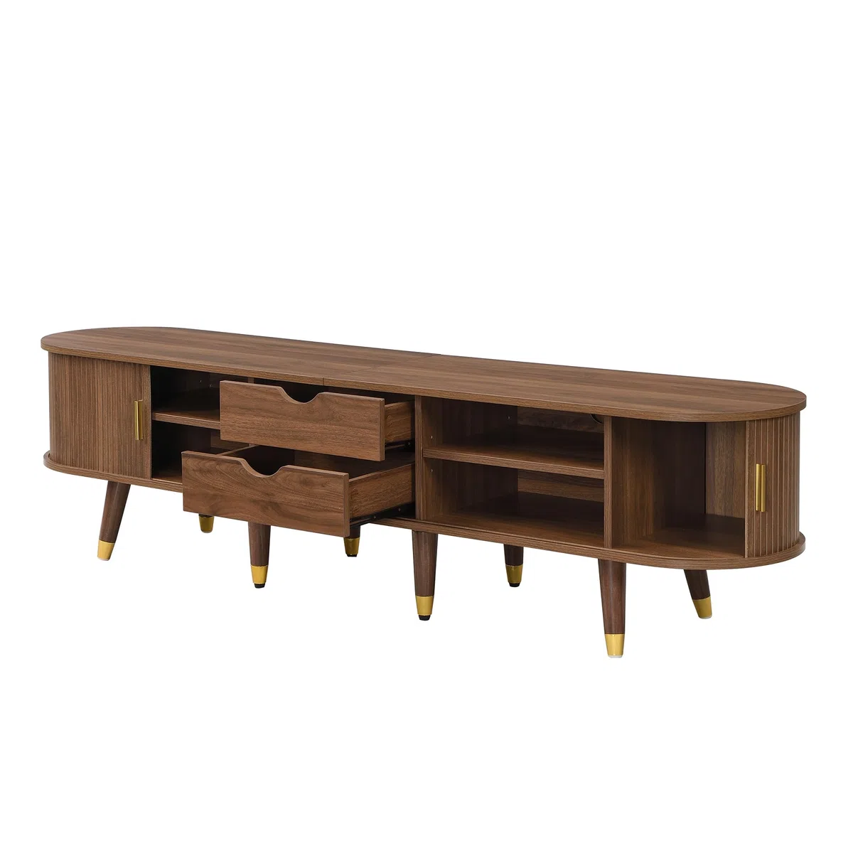 Mueble para TV de 175 cm con puerta corredera de ratán, aspecto de nogal y mucho espacio de almacenamiento, mesa de televisión rústica de MDF con compartimentos abiertos, cajones y armario
