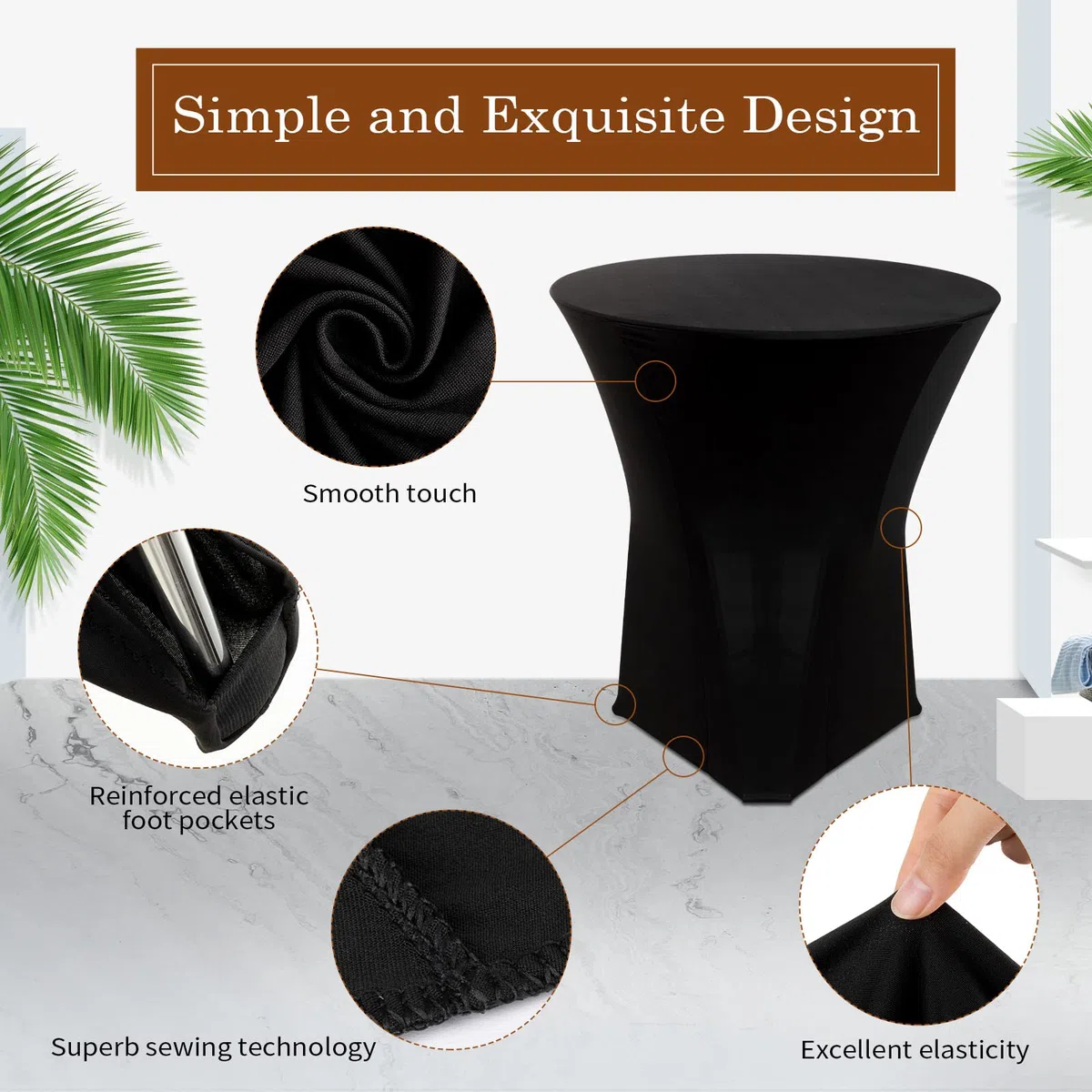 Mantel de elastano para mesa de cóctel a granel, 24 x 43 pulgadas, redondo, elástico, para bistró, ropa de esquina alta para bodas, banquetes, fiestas de cumpleaños (negro, paquete de 10)