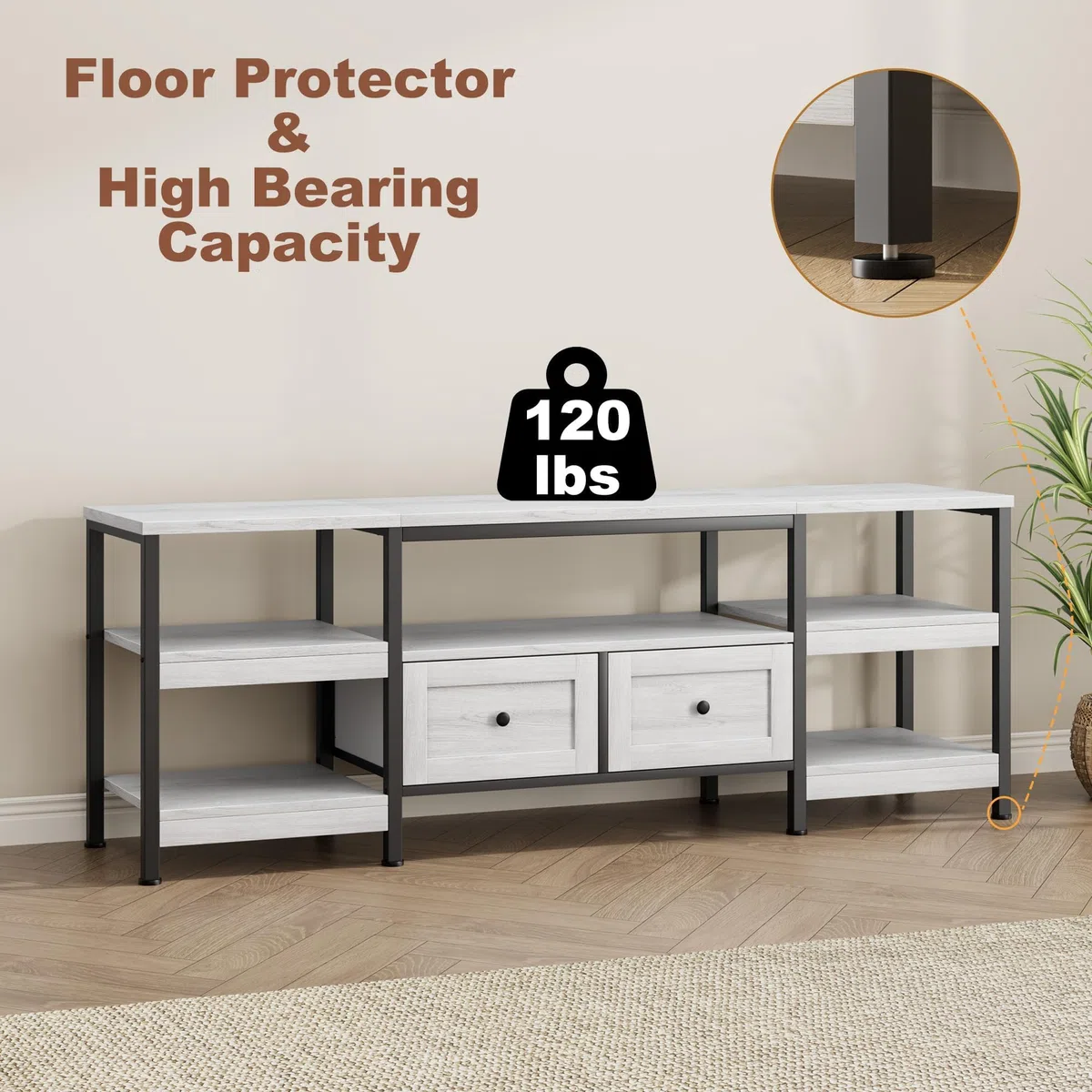 GarveeHome Mueble de TV Industrial para Sala de Estar – 2 cajones, 5 estantes Abiertos, Estructura metálica, Tablero de Madera, para televisores hasta 85 Pulgadas – Blanco Antiguo, 2 Metros